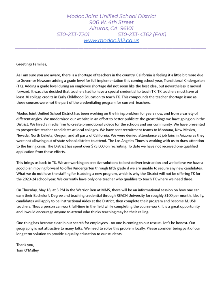 Letter to the community regarding TK