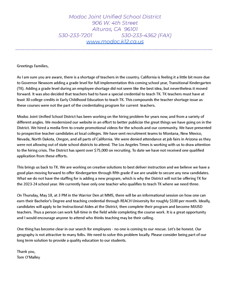 Letter to the community regarding TK